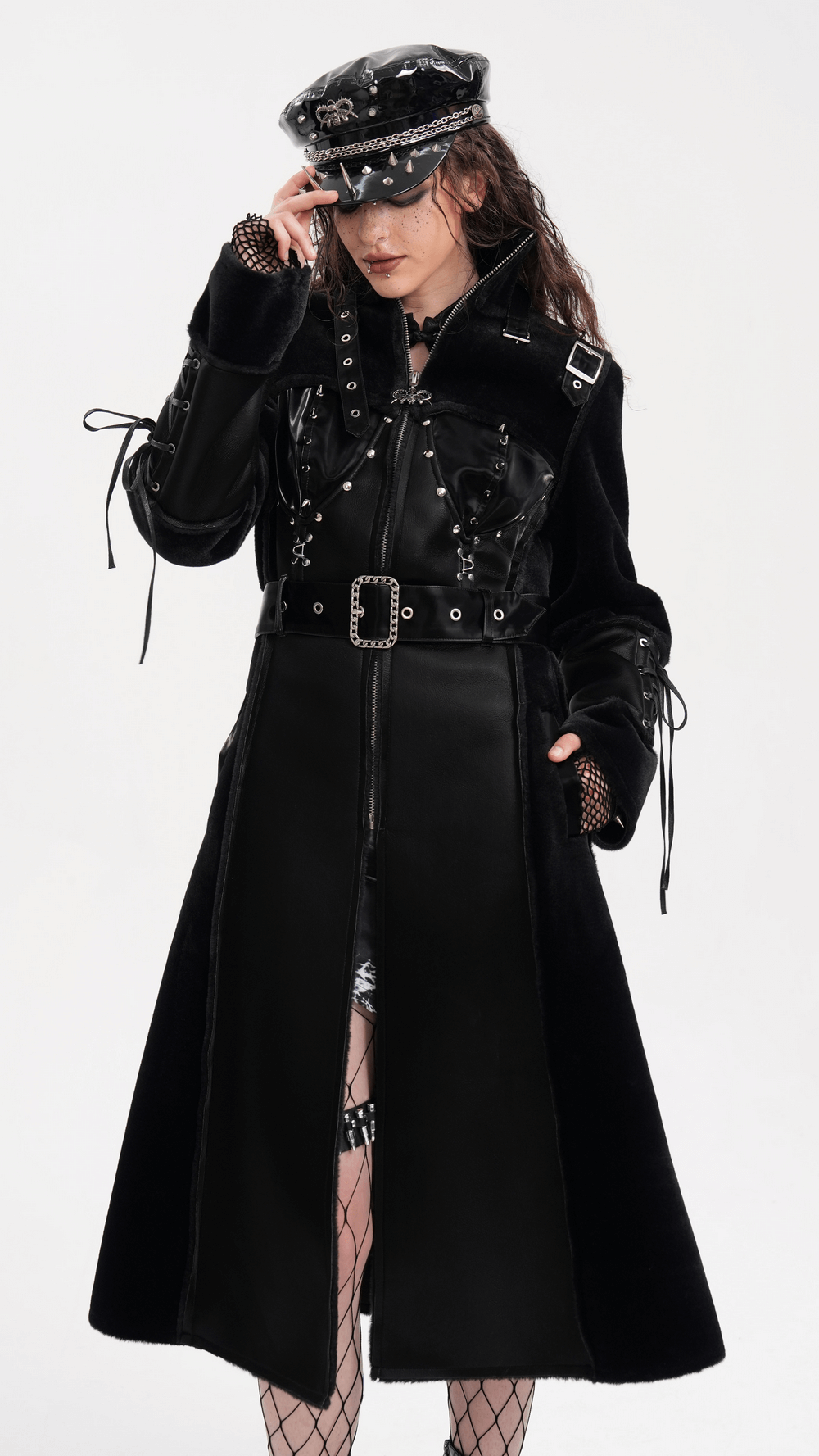 Gothic Faux Leather and Velvet Long Coat with Buckle Detail