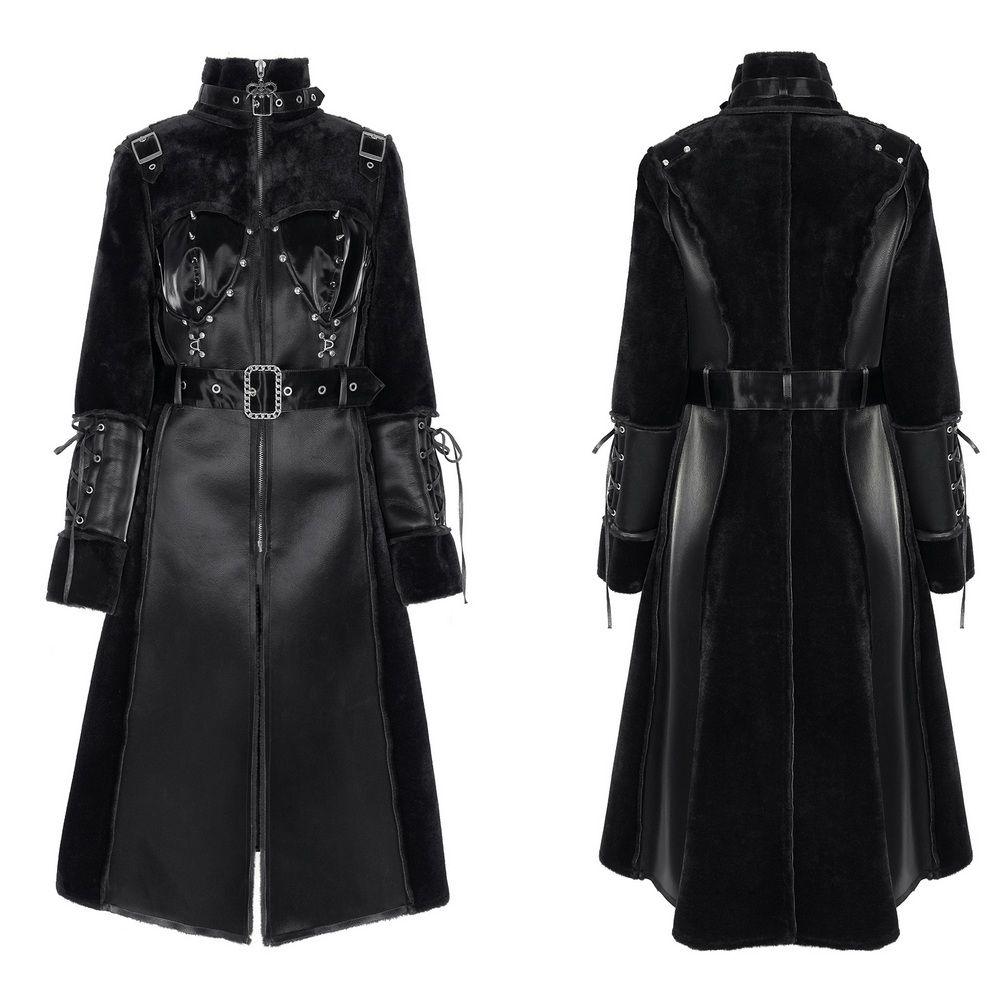 Gothic faux leather and velvet long coat with buckle detail and lace-up sleeves, featuring studded accents for an edgy look.