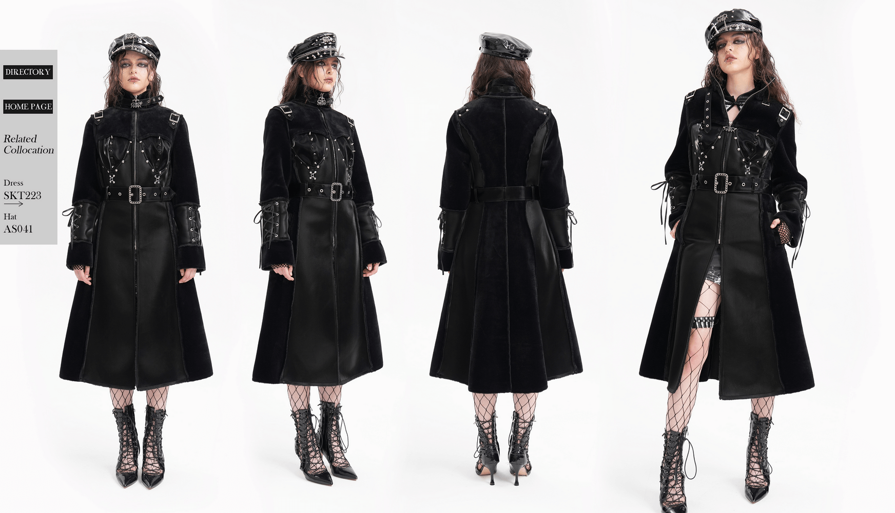 Gothic faux leather and velvet long coat with buckle and studded details, featuring lace-up accents for an edgy, fitted silhouette.