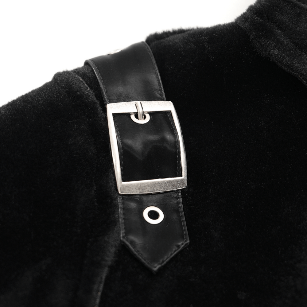 Gothic black faux leather coat with metal buckle detail and stud accents on luxurious velvet fabric.