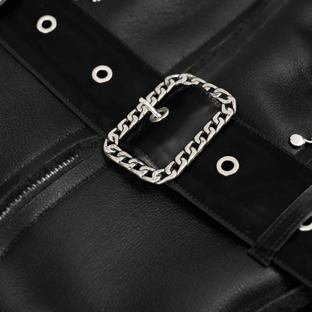 Gothic faux leather coat close-up with studded buckle detail and edgy design.