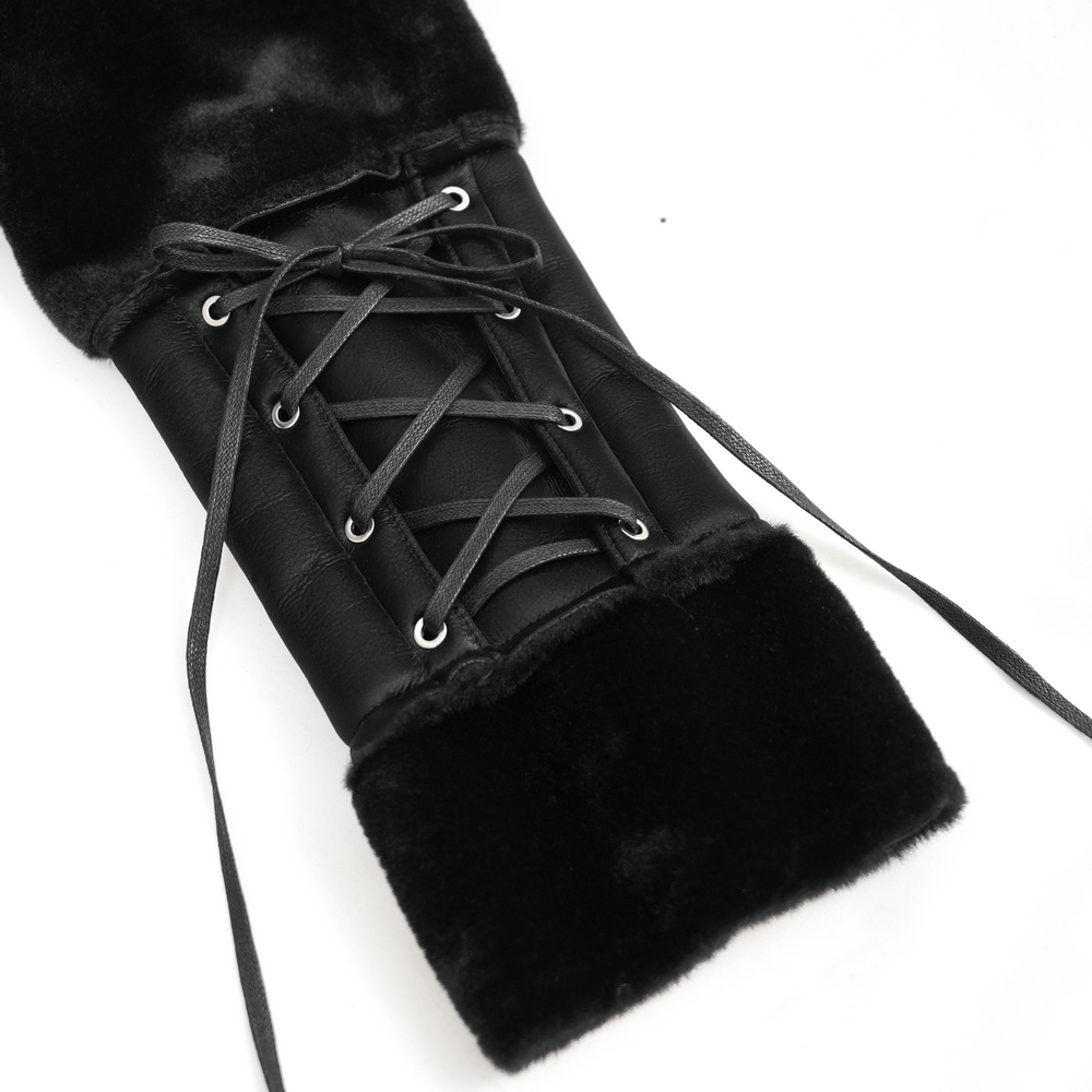 Close-up of Gothic long coat lace-up sleeve detail in black faux leather and soft velvet.