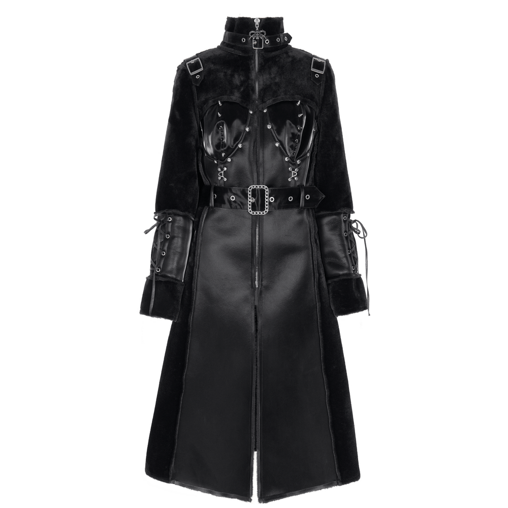 Gothic long coat with faux leather, velvet, and buckle details. Studded accents and lace-up sleeves create an edgy, flattering look.