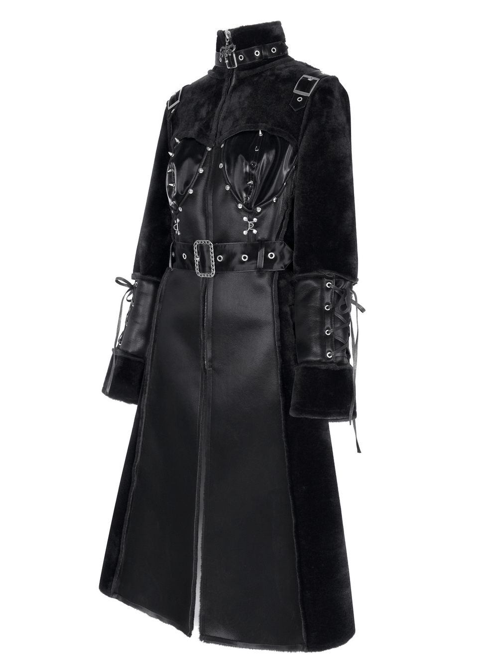 Gothic faux leather and velvet long coat with buckle detail and lace-up sleeves for an edgy style.