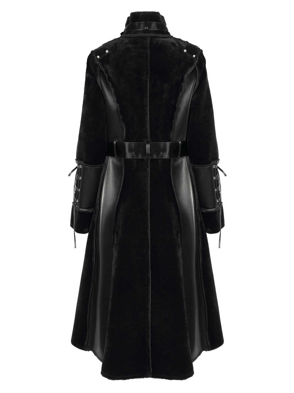 Back view of Gothic faux leather and velvet long coat with buckle detail and lace-up sleeves.