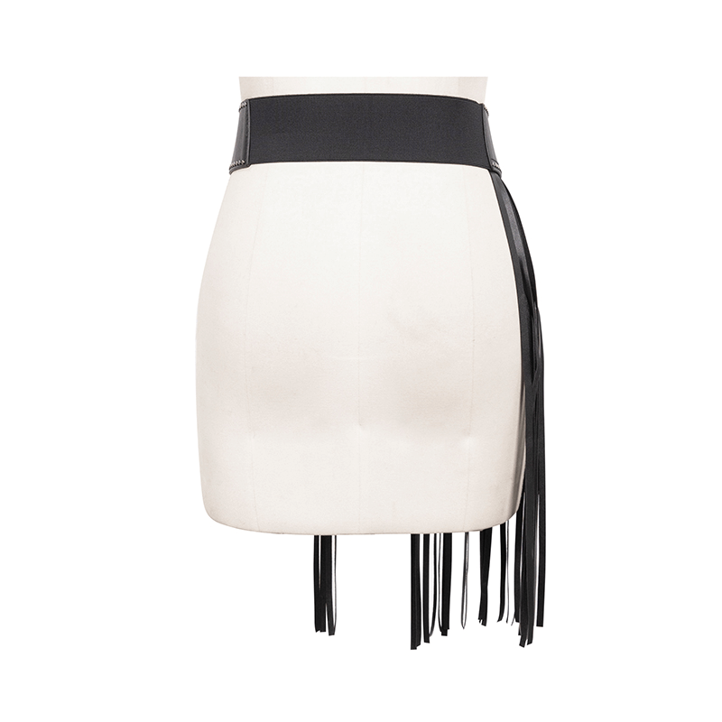 Gothic faux leather belt with elastic back and long black tassels, perfect for vintage outfits.