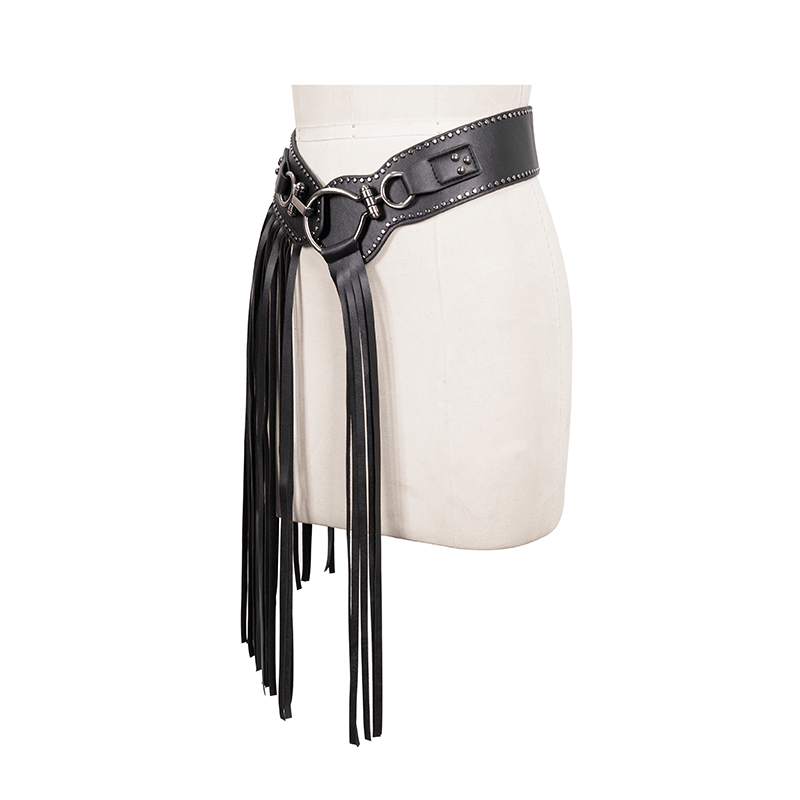 Gothic faux leather belt with buckle front and long tassels, perfect for vintage style outfits.