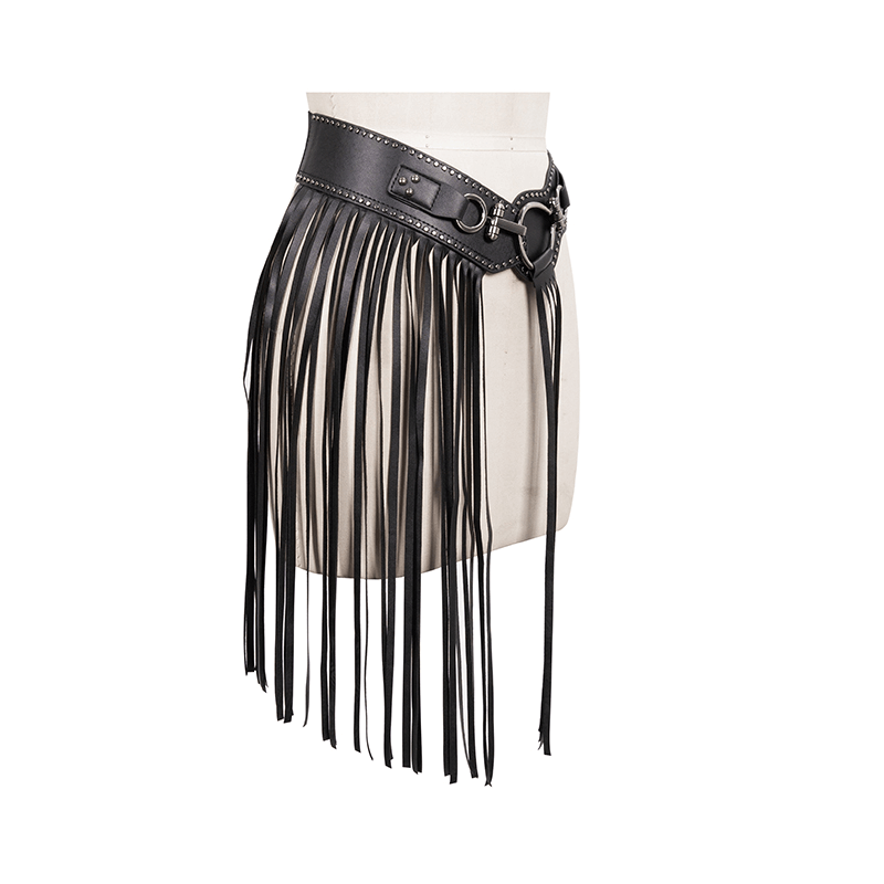 Gothic faux leather belt with long tassels and buckle, stylish vintage accessory for women's fashion.