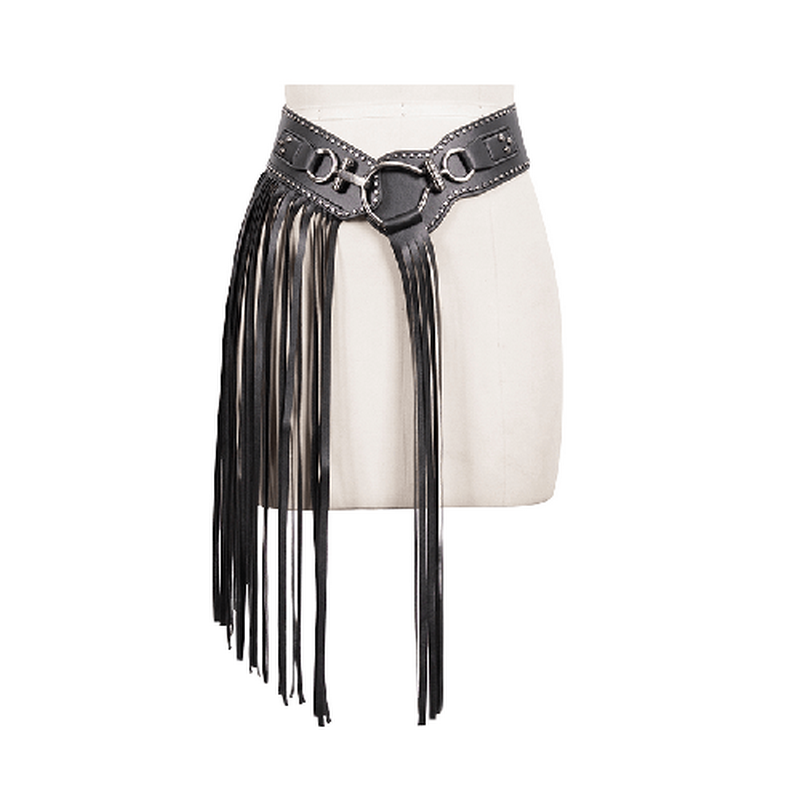 Gothic Faux Leather Belt with Buckle Front & Elastic Back / Women's Black Belt wuth Long Tassels - HARD'N'HEAVY