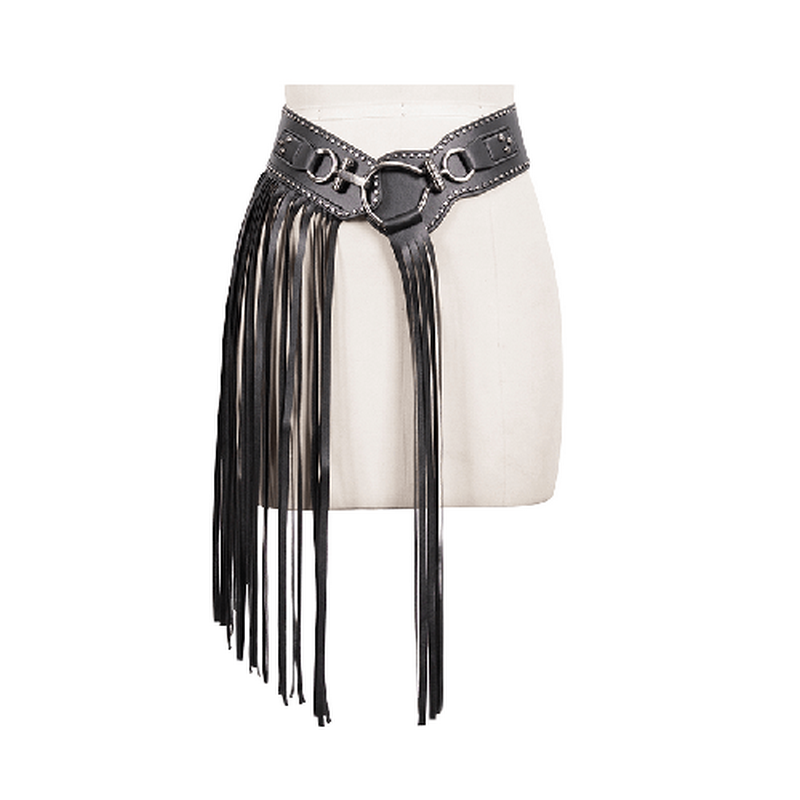 Gothic faux leather belt with buckle and long tassels, perfect for vintage style outfits.