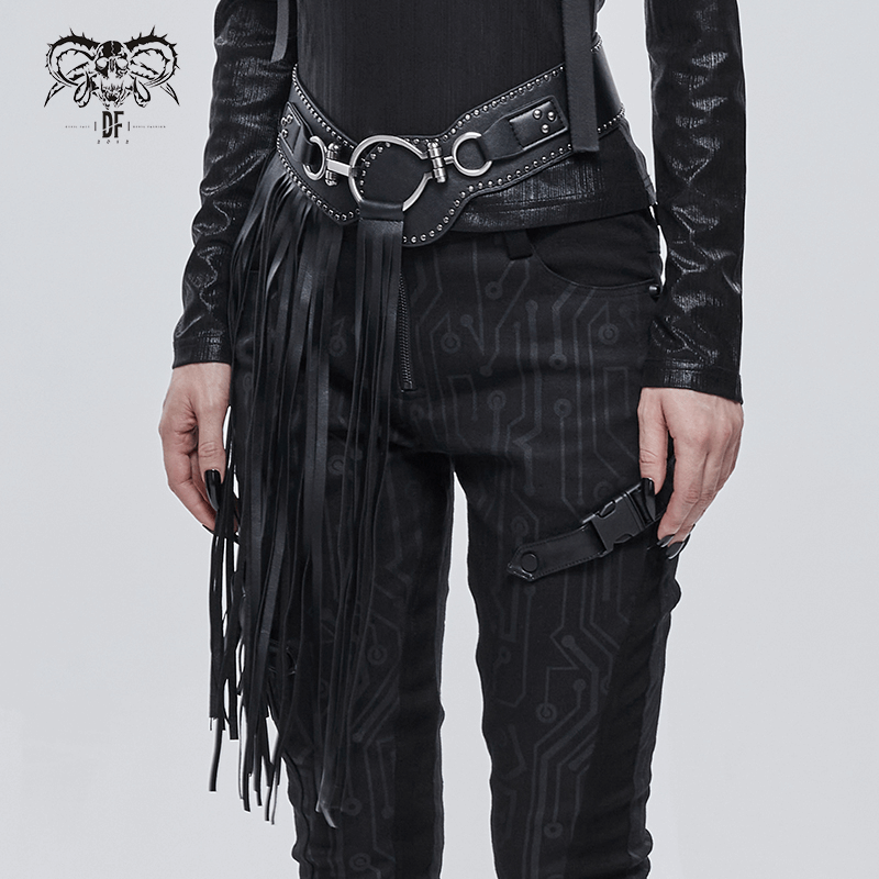 Gothic faux leather belt with buckle and long tassels, styled with black pants for a vintage look.