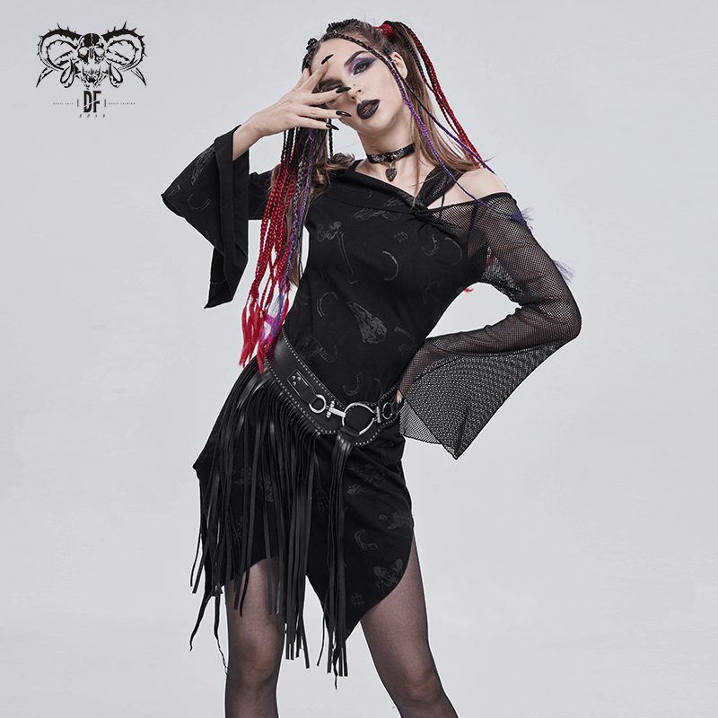 Model showcasing Gothic faux leather belt worn over a black vintage dress with tassels, styled with dramatic makeup and hair.