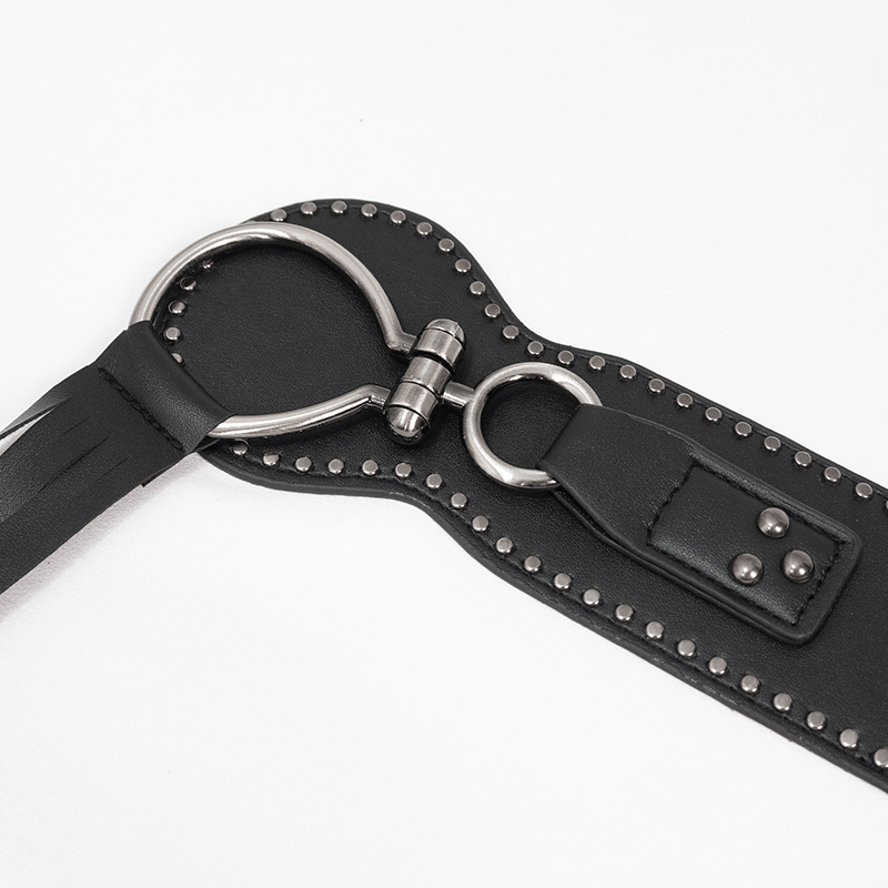 Gothic faux leather belt with decorative studs and circular buckle for vintage style outfits.