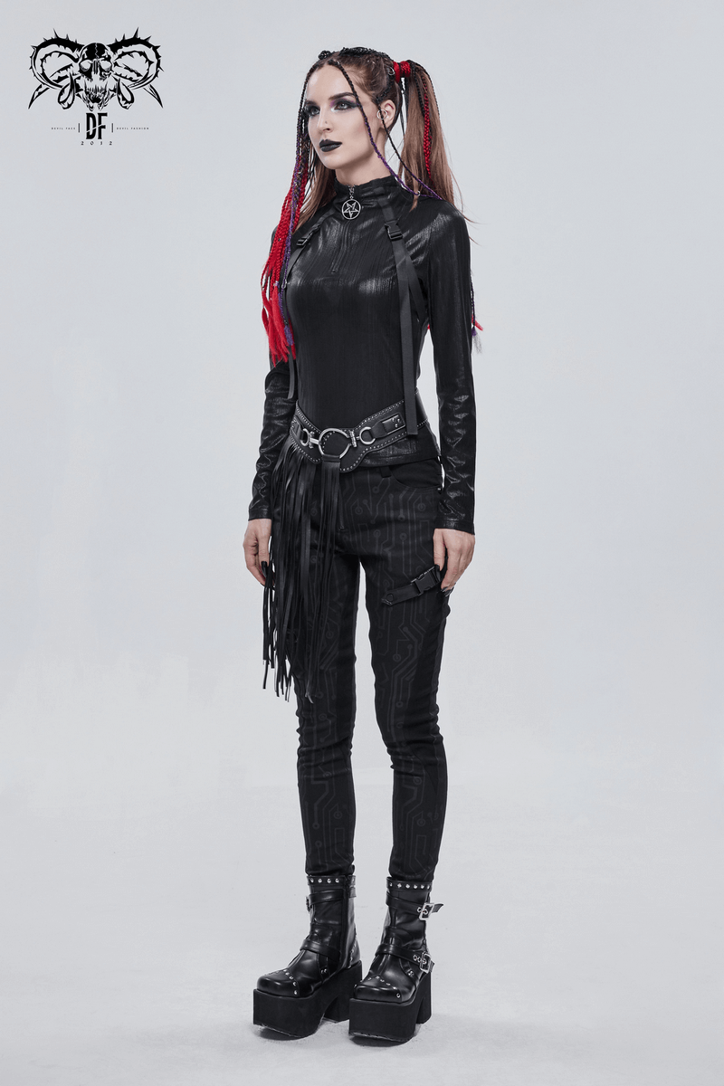 Gothic faux leather belt with buckle front and tassels, perfect for vintage-style outfits.