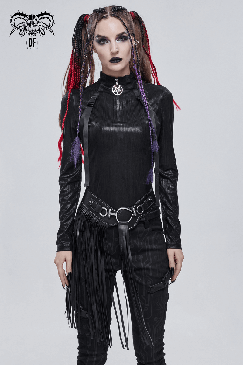 Gothic woman in black long-sleeve top with braided hair and tassel belt, showcasing a stylish dark fashion look.
