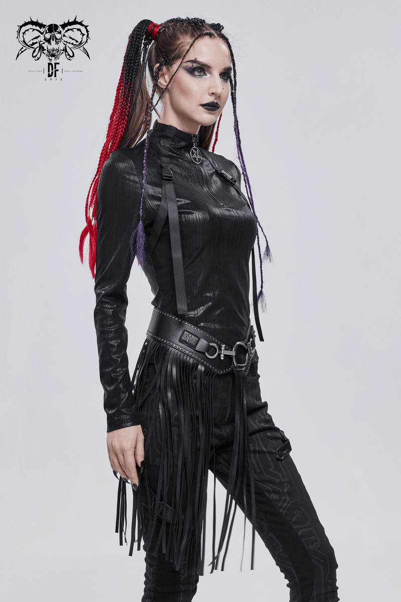 Trendy woman in a black faux leather outfit, showcasing a gothic style belt with tassels and stylish hair.