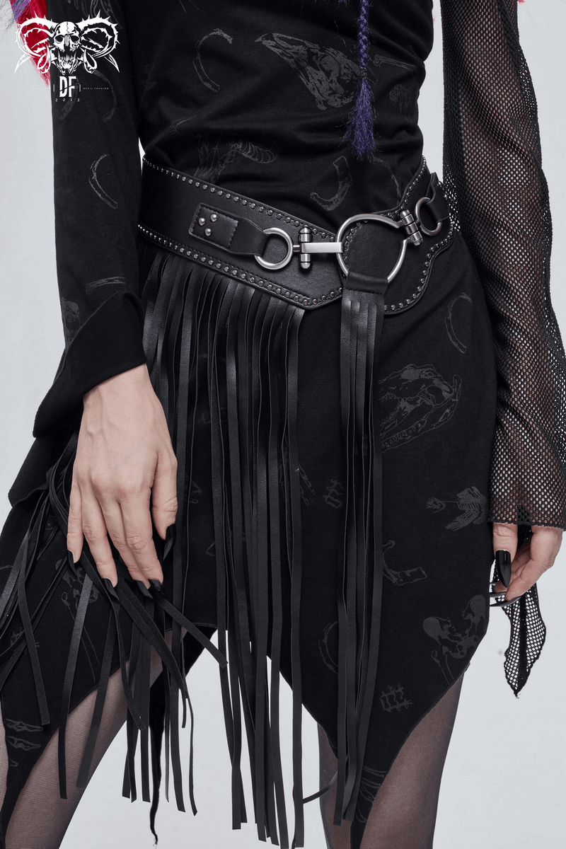 Gothic Faux Leather Belt with Buckle Front & Elastic Back / Women's Black Belt wuth Long Tassels - HARD'N'HEAVY