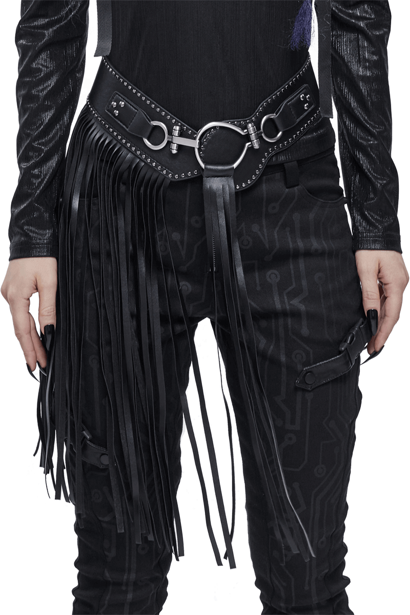 Gothic Faux Leather Belt with Buckle Front & Elastic Back / Women's Black Belt wuth Long Tassels - HARD'N'HEAVY