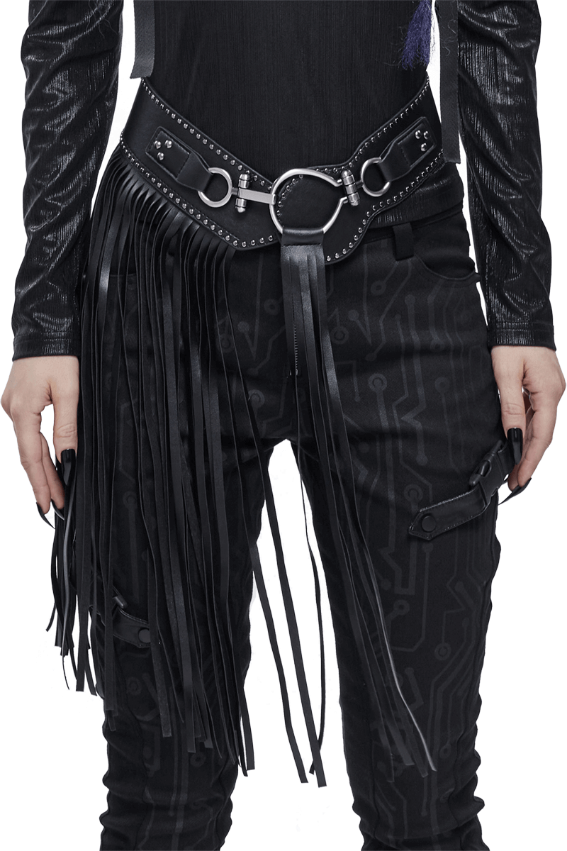 Gothic faux leather belt with buckle front and long tassels, perfect for vintage-inspired outfits.