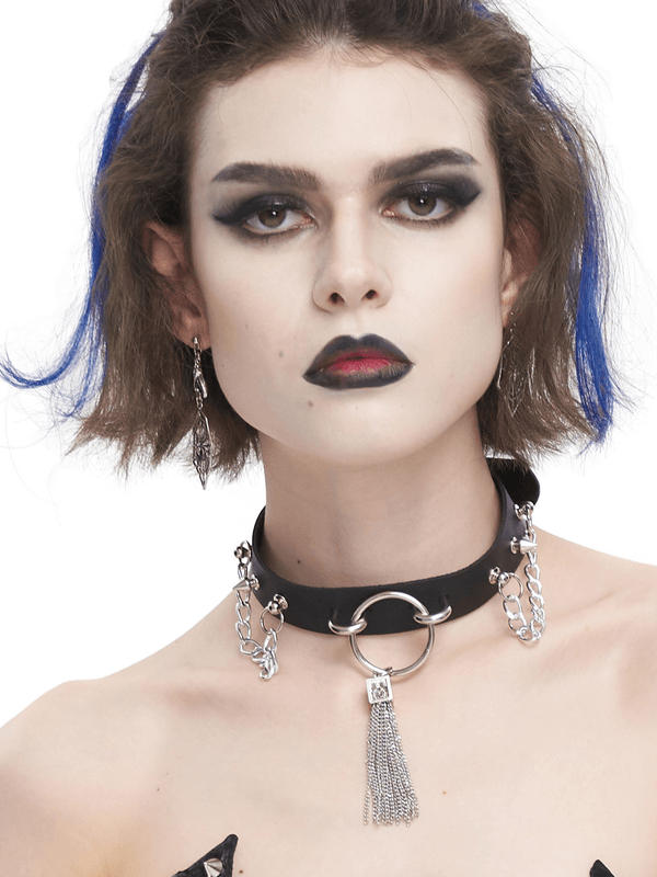 Gothic faux leather choker with metallic tassels, worn by a model with bold makeup, showcasing punk style accessories.