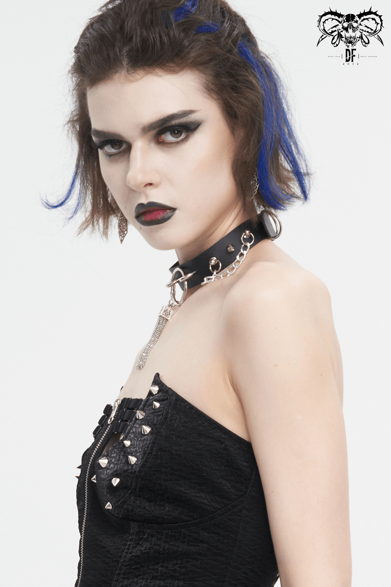 Gothic Faux Leather Choker With Metallic Tassels / Studded Punk Accessories - HARD'N'HEAVY