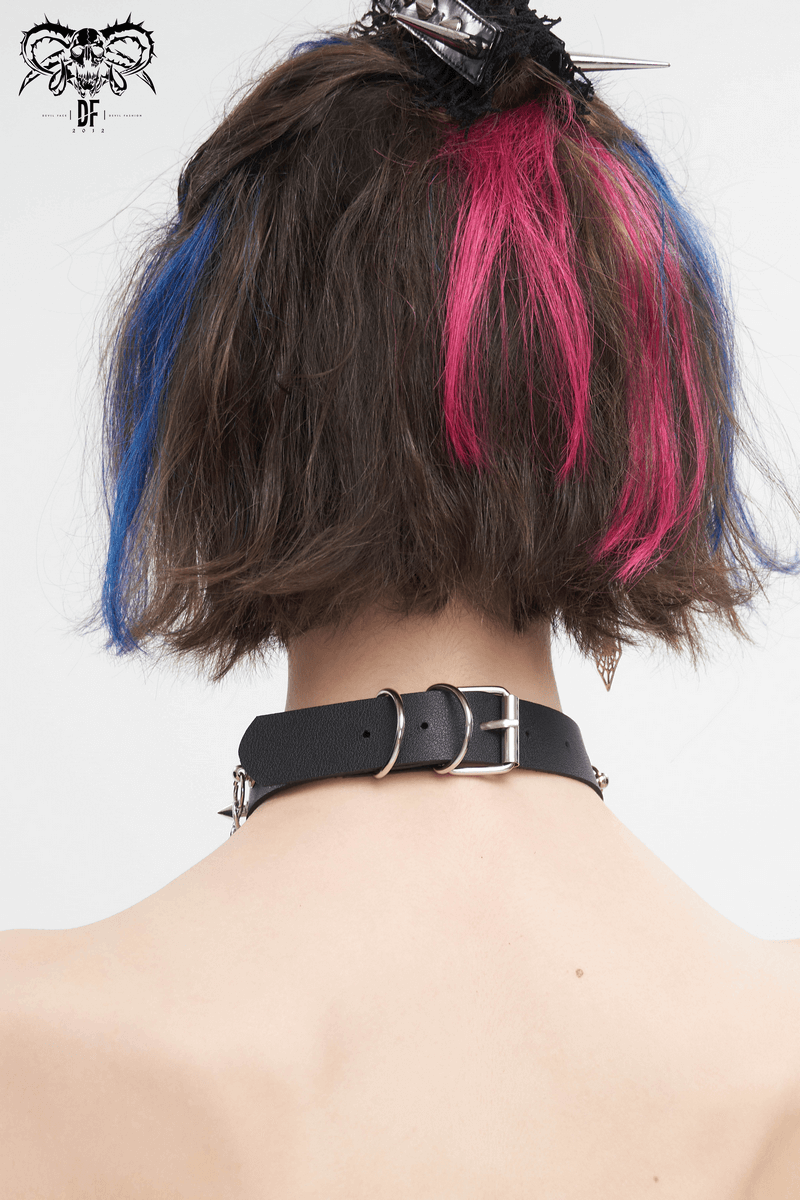 Gothic faux leather choker with metallic tassels, perfect for punk style. Edgy accessory for alternative fashion lovers.