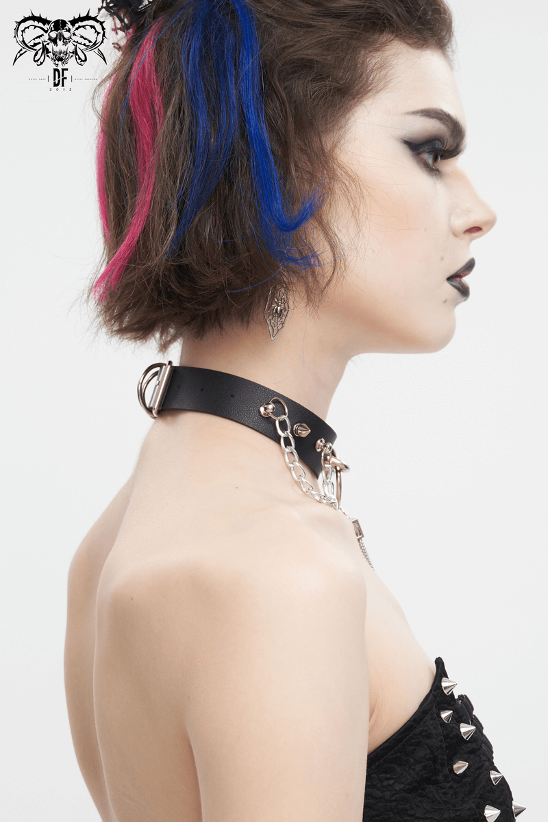 Gothic faux leather choker with metallic tassels and studded accents worn by model, exuding punk style.