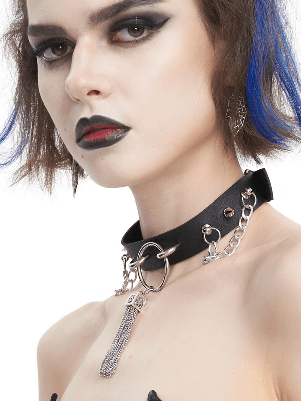 Gothic faux leather choker with metallic tassels and chains, perfect for punk fashion lovers.