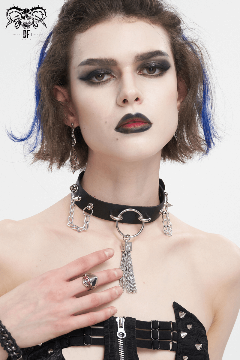 Gothic faux leather choker with metallic tassels and chains, perfect punk accessory for a bold alternative fashion statement.