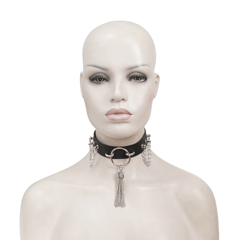 Gothic faux leather choker with metallic tassels displayed on a mannequin, perfect for edgy punk outfits.