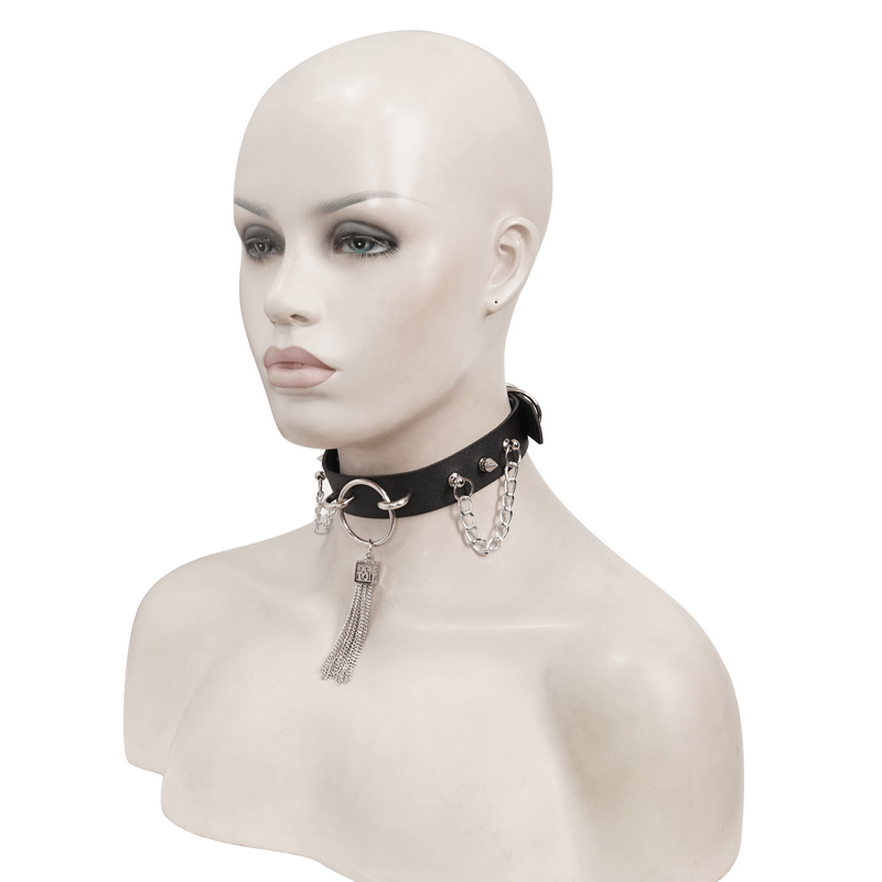 Gothic faux leather choker with metallic tassels and studs, perfect punk accessory for an edgy look.
