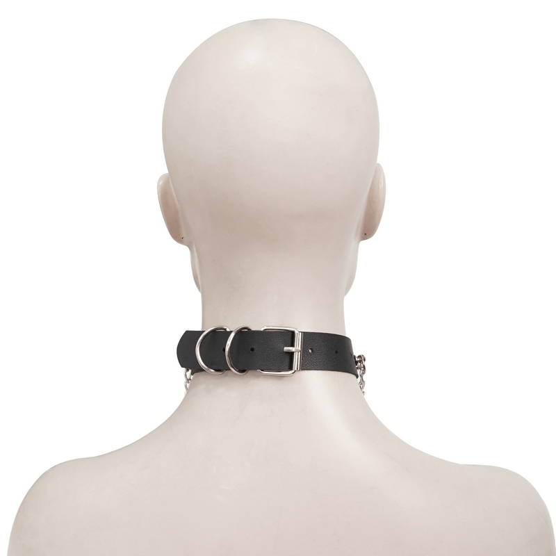 Gothic faux leather choker with metallic tassels seen from the back on a mannequin, showcasing edgy punk style.