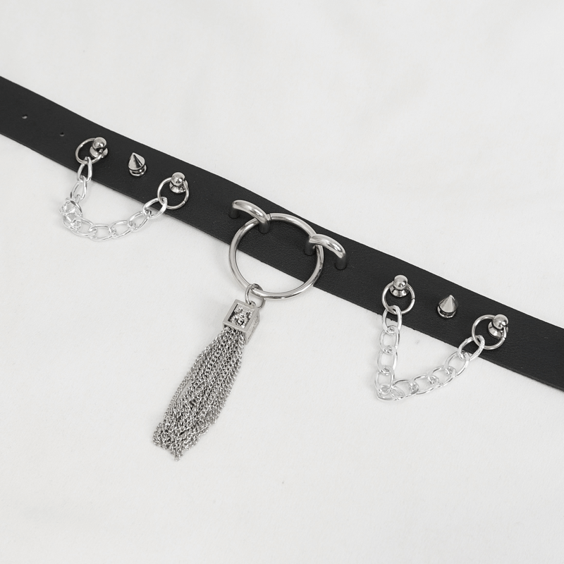 Gothic faux leather choker with metallic tassels and studs, perfect punk accessory for a dark fashion statement.