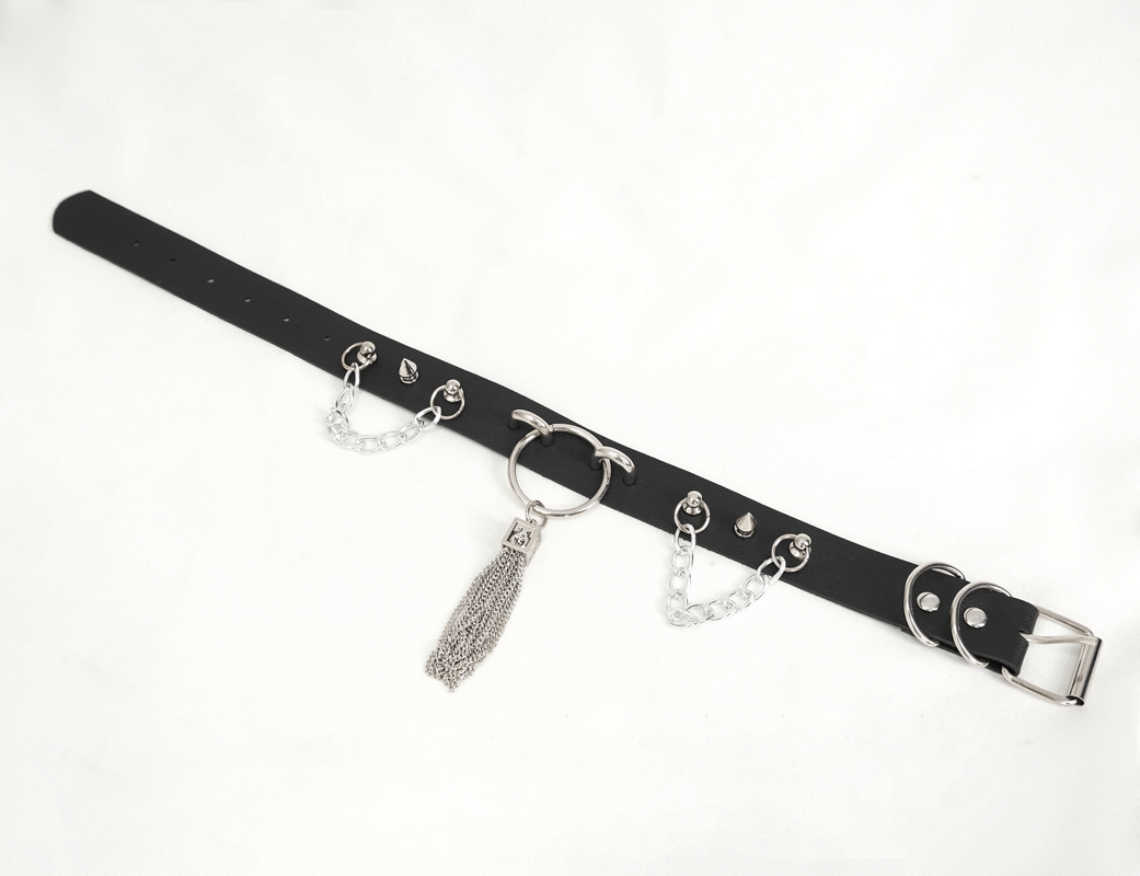 Gothic faux leather choker with metallic tassels and studded details for punk fashion.