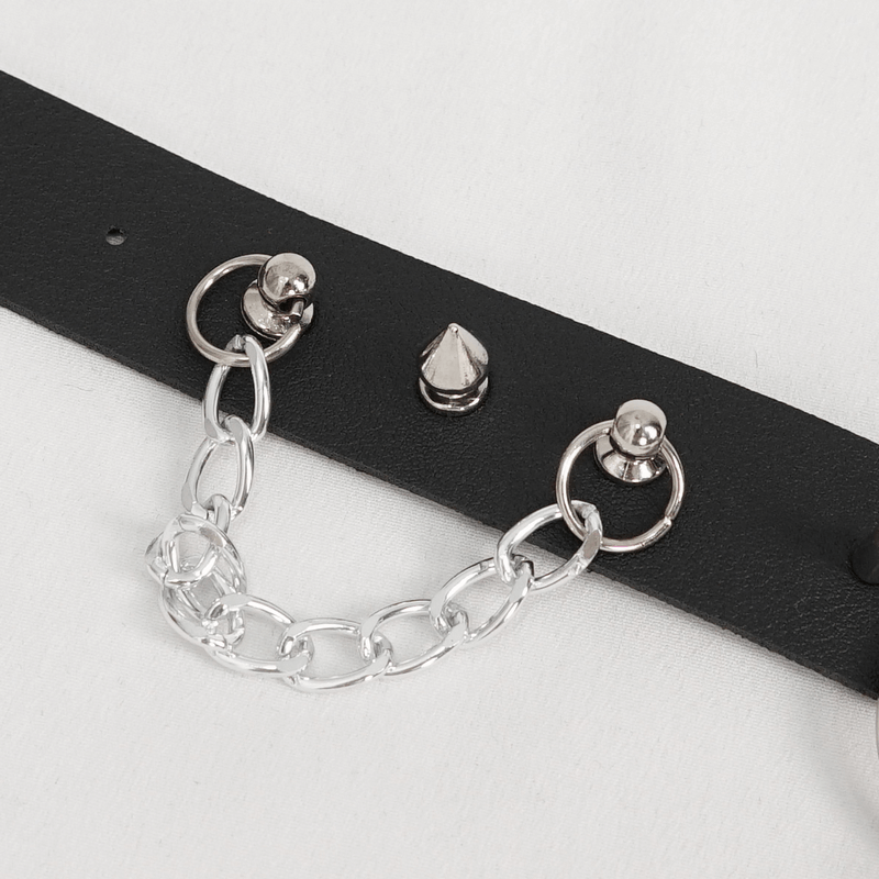 Gothic faux leather choker with metallic tassels and studded accents, perfect for edgy punk fashion.