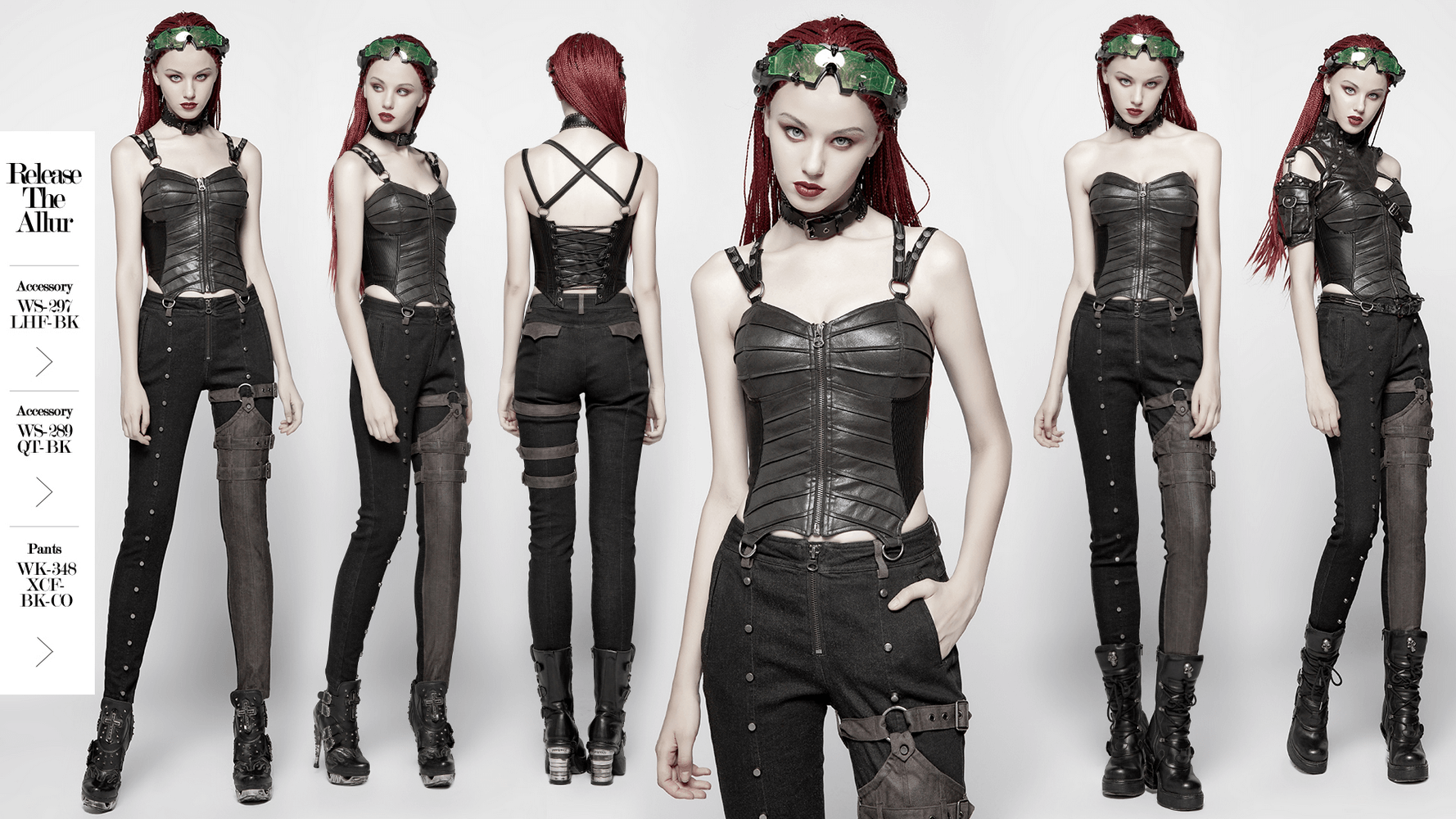 Gothic faux leather corset top with adjustable lacing and edgy detailing, paired with stylish black pants.