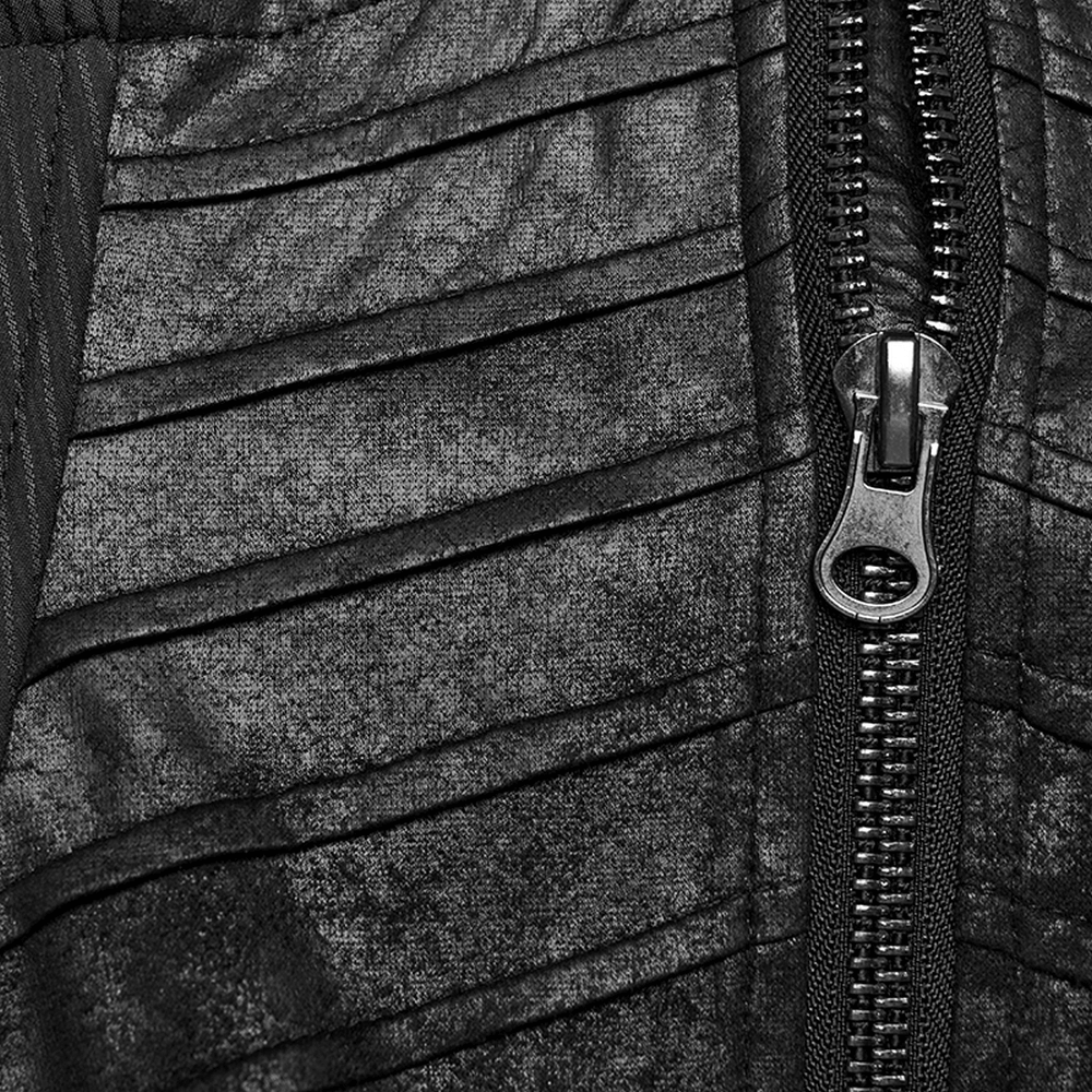 Close-up of black faux leather corset showing pleated fabric and zipper detail for a gothic punk style.