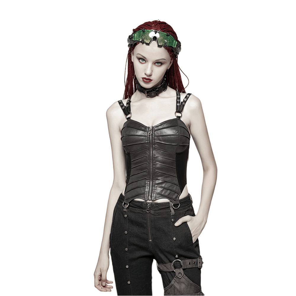 Gothic faux leather corset top with adjustable lacing and edgy pleats, perfect for a rebellious punk style.