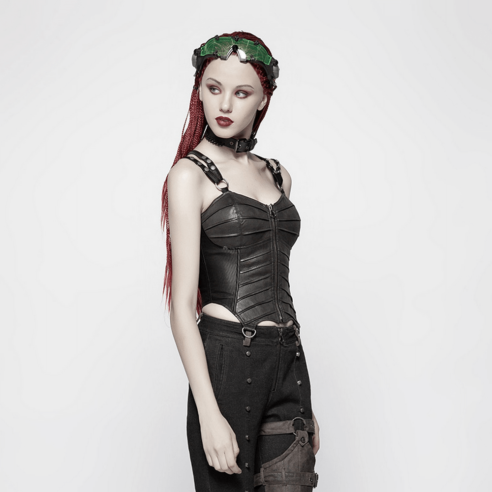 Gothic faux leather corset top on a mannequin, featuring adjustable lacing and edgy punk style.