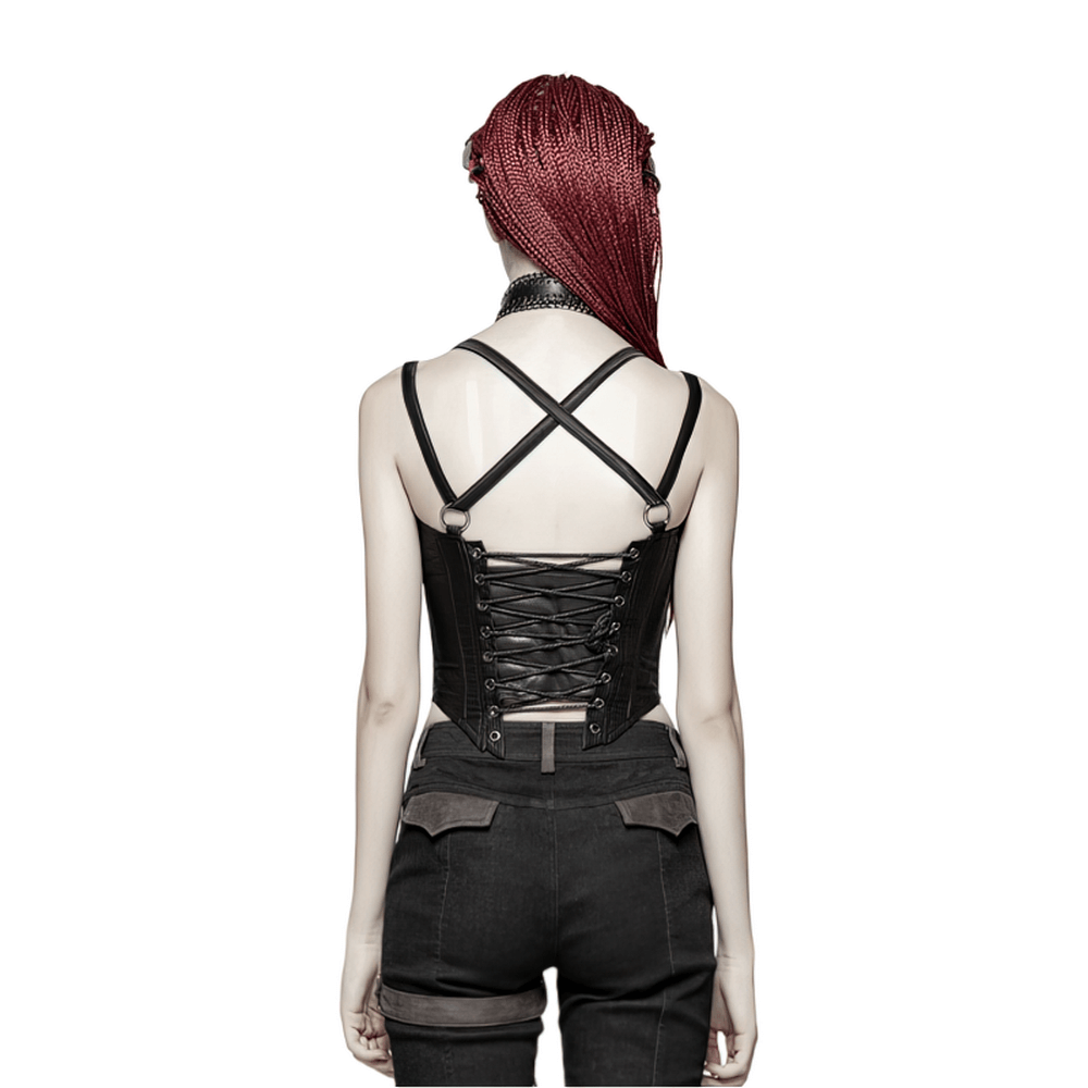 Back view of a Gothic faux leather corset top with adjustable lacing and crisscross straps, perfect for a rebellious look.