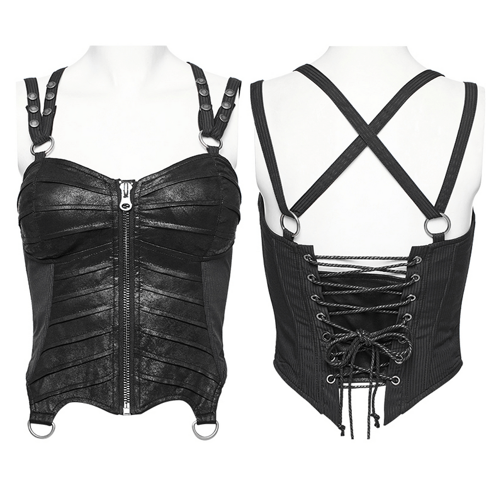 Gothic faux leather corset top with adjustable lacing, front zipper, and edgy shoulder buckles in black.