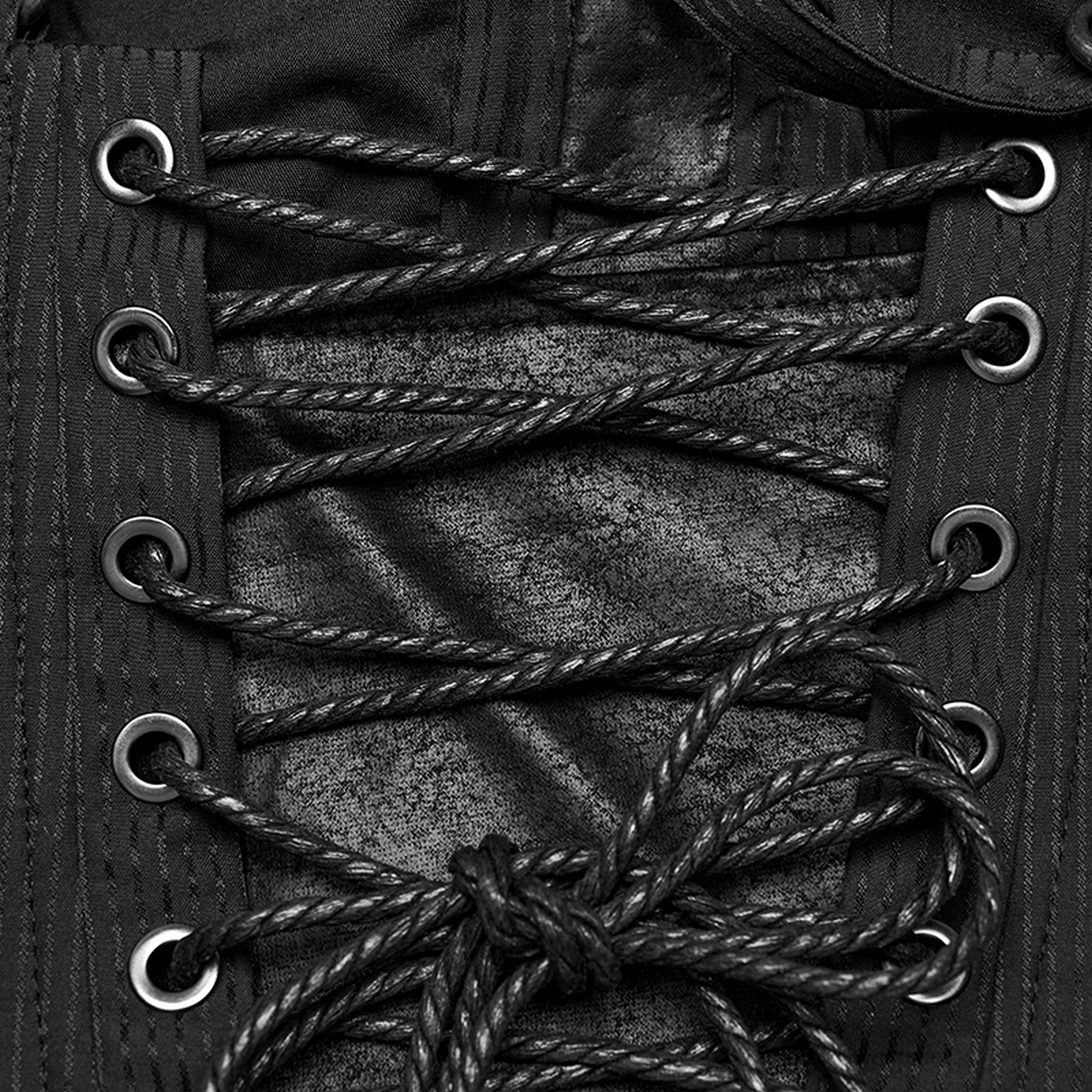Close-up of adjustable black lacing on a Gothic faux leather corset top for a customizable fit.