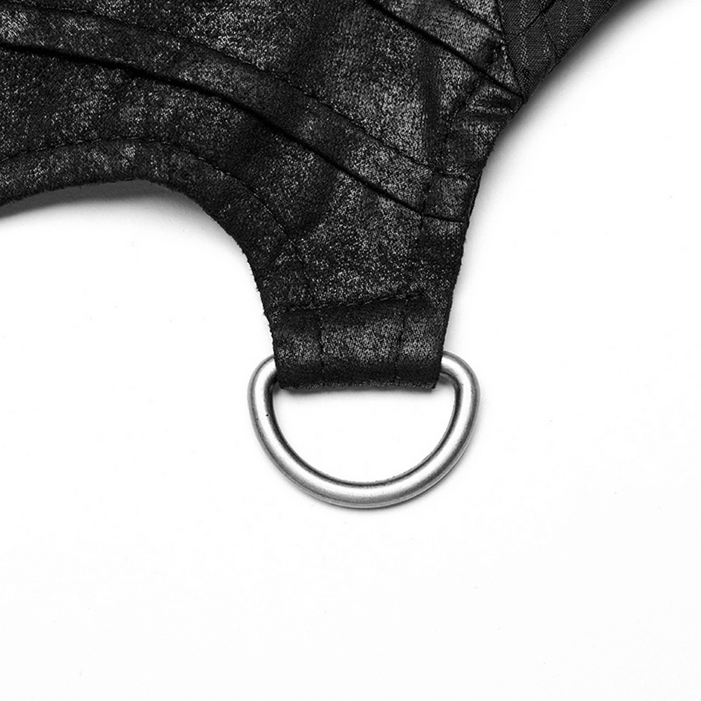 Close-up of the adjustable strap and metal ring on a gothic faux leather corset top for a custom fit.
