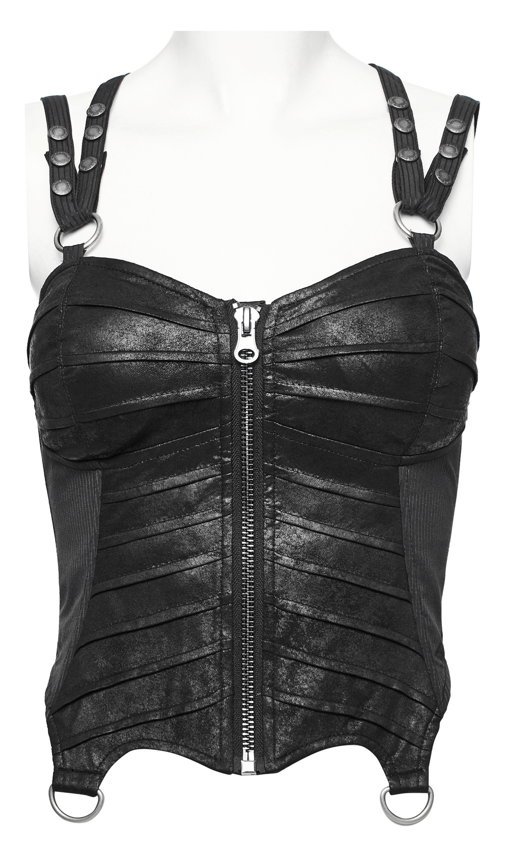 Gothic faux leather corset top with adjustable lacing, front zipper, and edgy three-dimensional pleats.