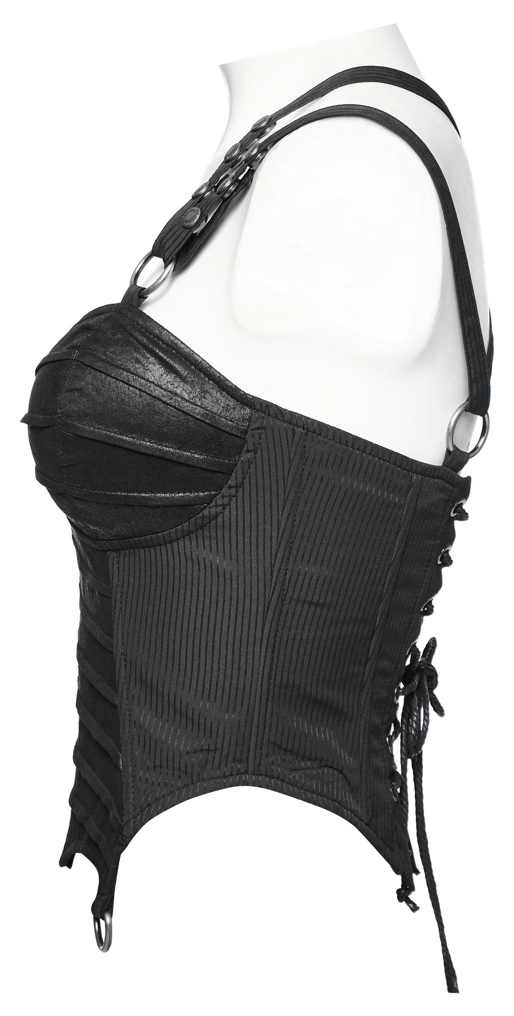 Gothic faux leather corset top with adjustable lacing and pleats, perfect for a rebellious punk style.