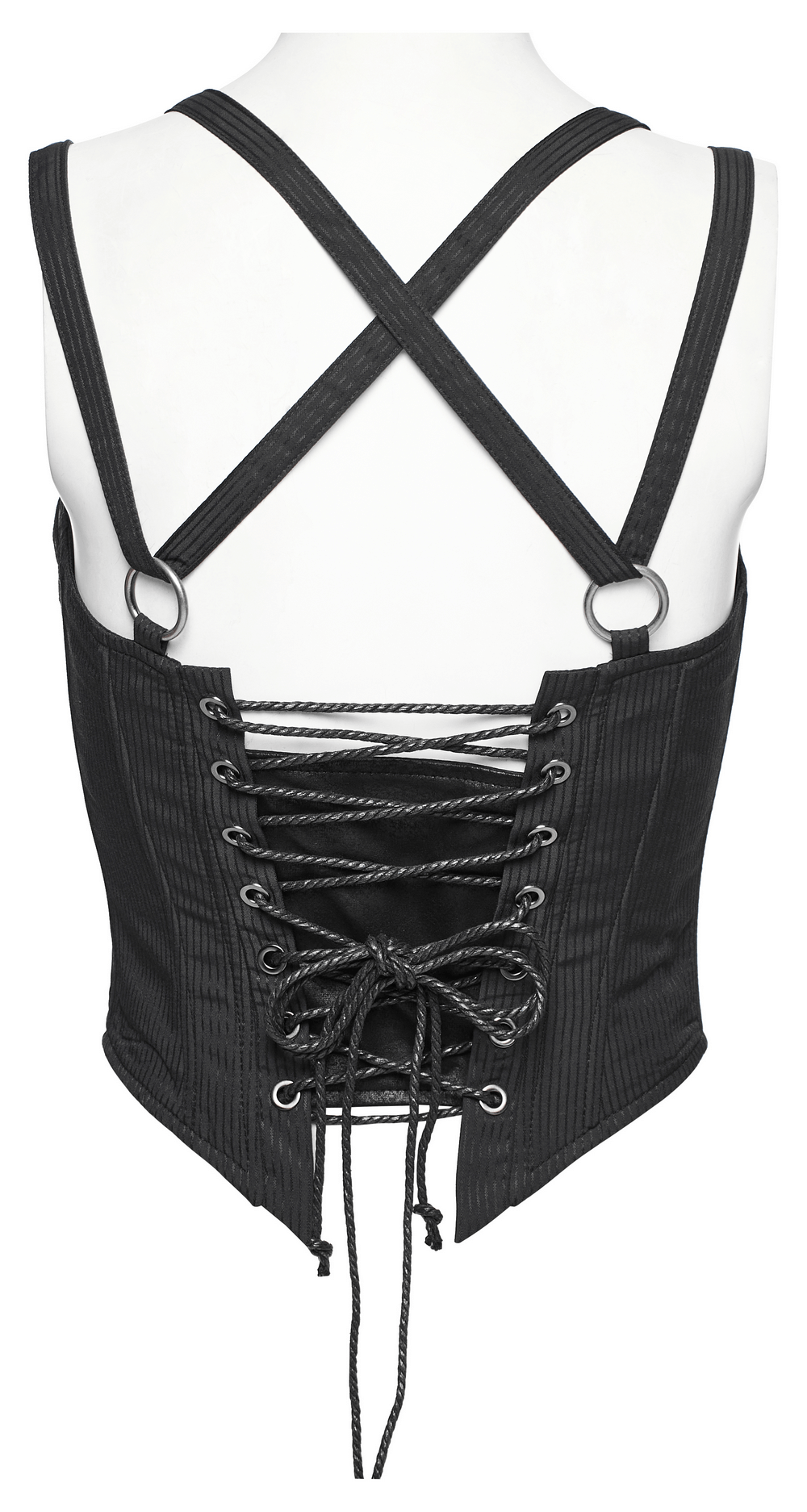 Back view of Gothic faux leather corset top featuring adjustable lacing and crisscross straps for a rebellious style.