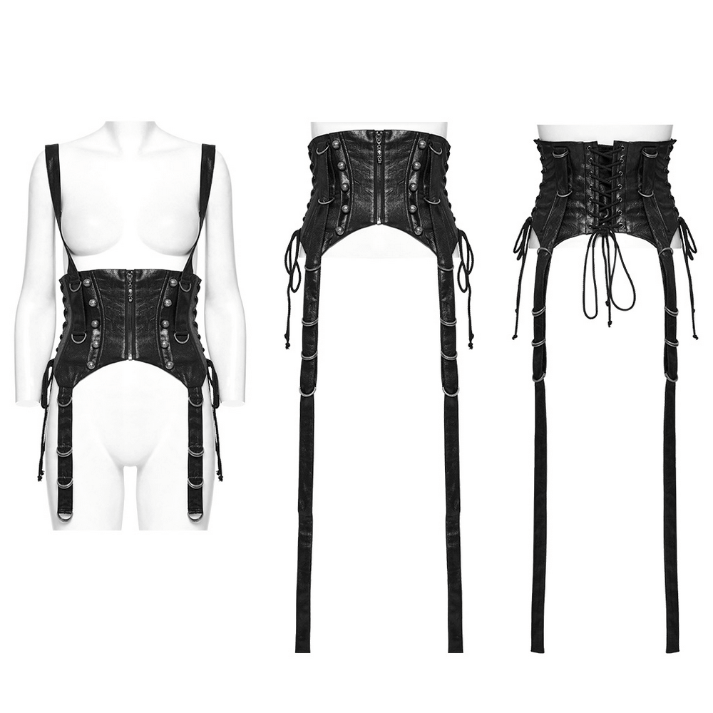 Gothic faux leather corset with adjustable straps, buckles, and metal accents for punk and alternative fashion.