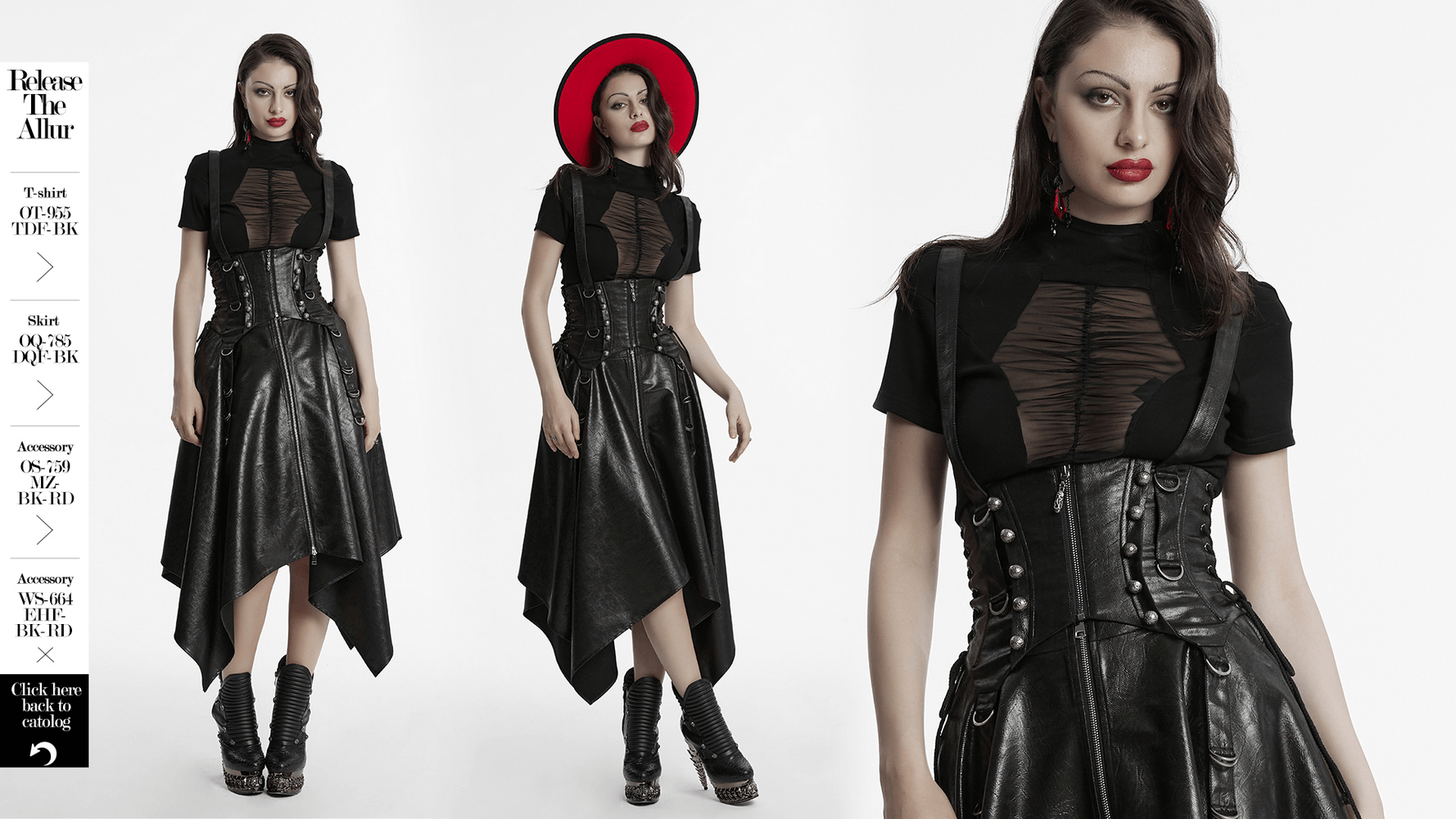 Gothic faux leather corset outfit with adjustable straps and bold metal accents, styled for punk fashion.