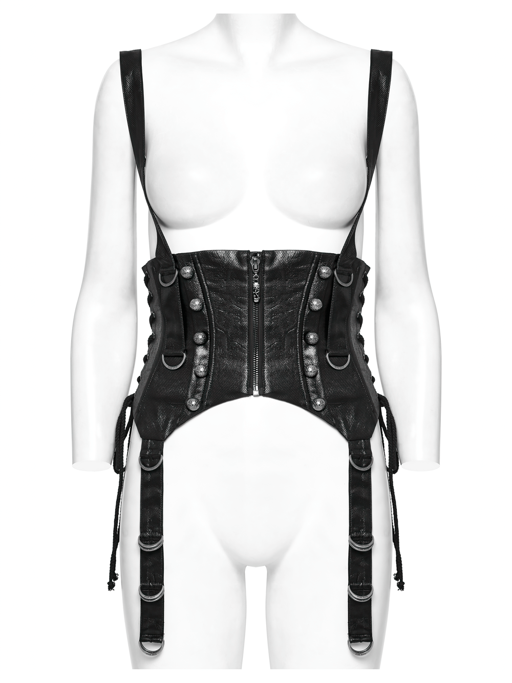 Gothic faux leather corset with adjustable straps and metal accents for punk-inspired fashion.