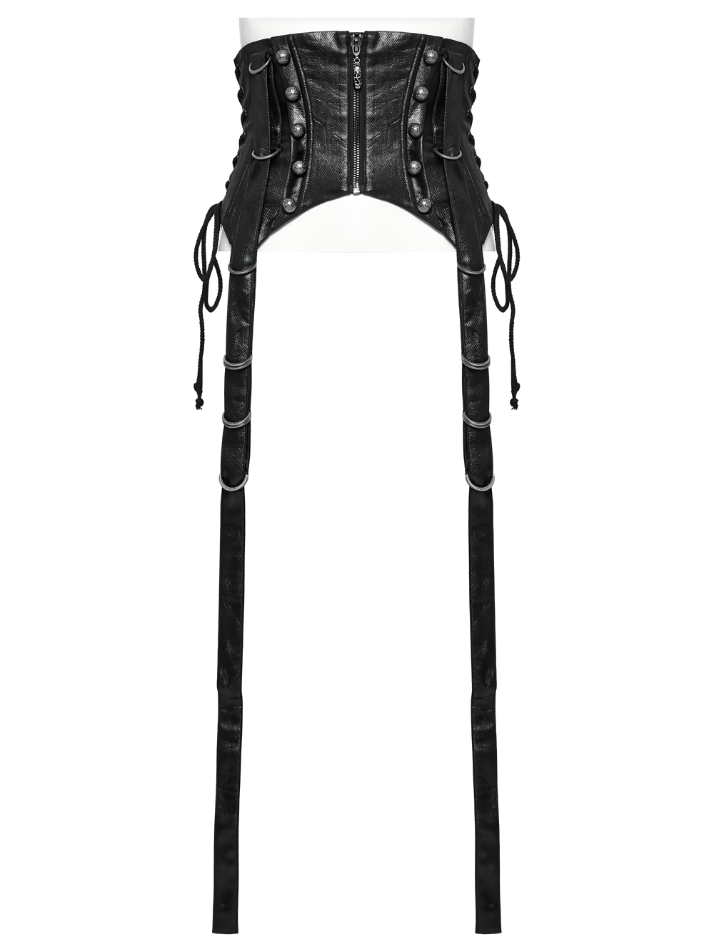 Gothic faux leather corset with adjustable straps and bold metal accents for punk and steampunk fashion.